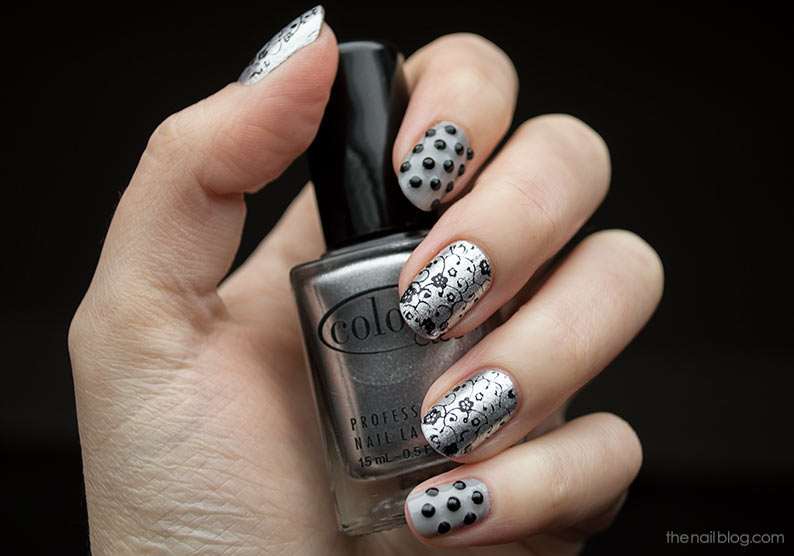 Grey silver nails with stamping and rhinestones