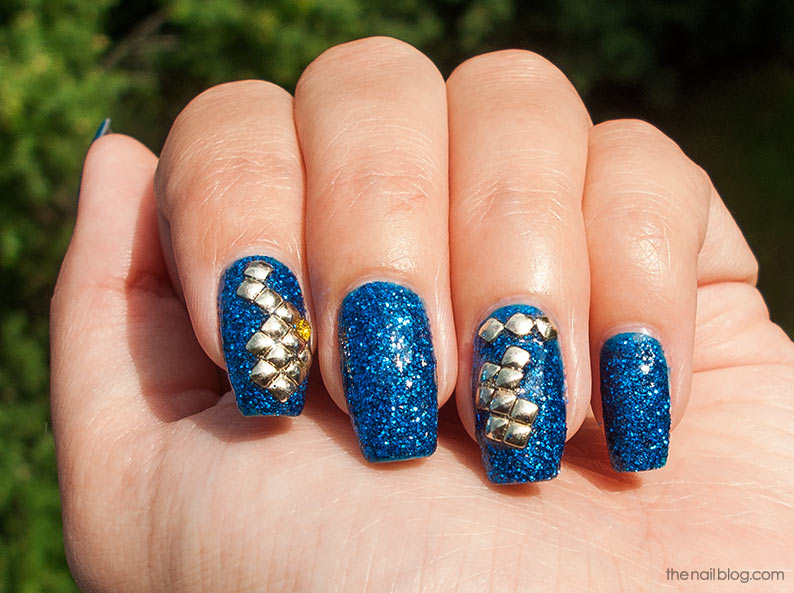 Glitter Blue Nails with Gold Studs